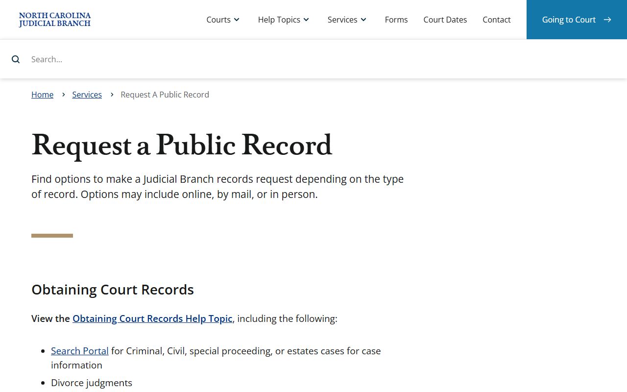 Dare County court records Judicial Branch public record request page