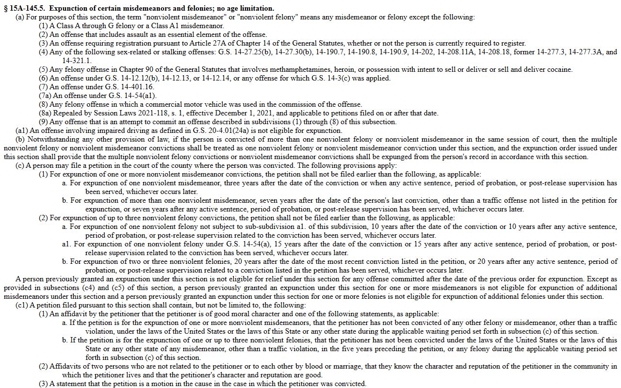 Dare County criminal court records North Carolina expunction statute