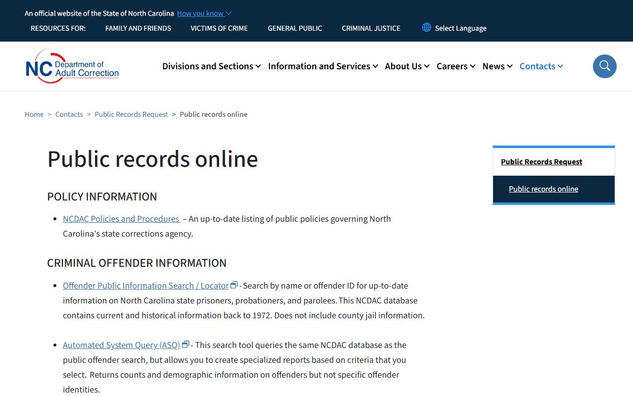Dare County inmate records and NCDAC public records limitation